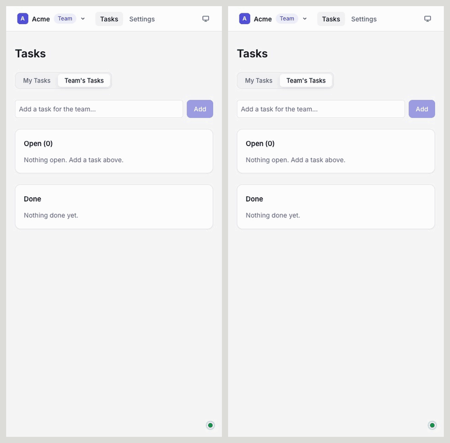 Two Tadas windows side by side, two people on the same team. One adds three tasks, gives one a due date, attaches an image to another and assigns it, and completes a third; each change appears in the other window at once, and the other person opens the image.